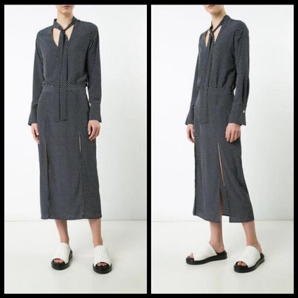 💕ALEXIS💕 Noelle Polka-dot Tie-neck Slit Midi Dress ~ Navy Blue XS - Picture 7 of 16